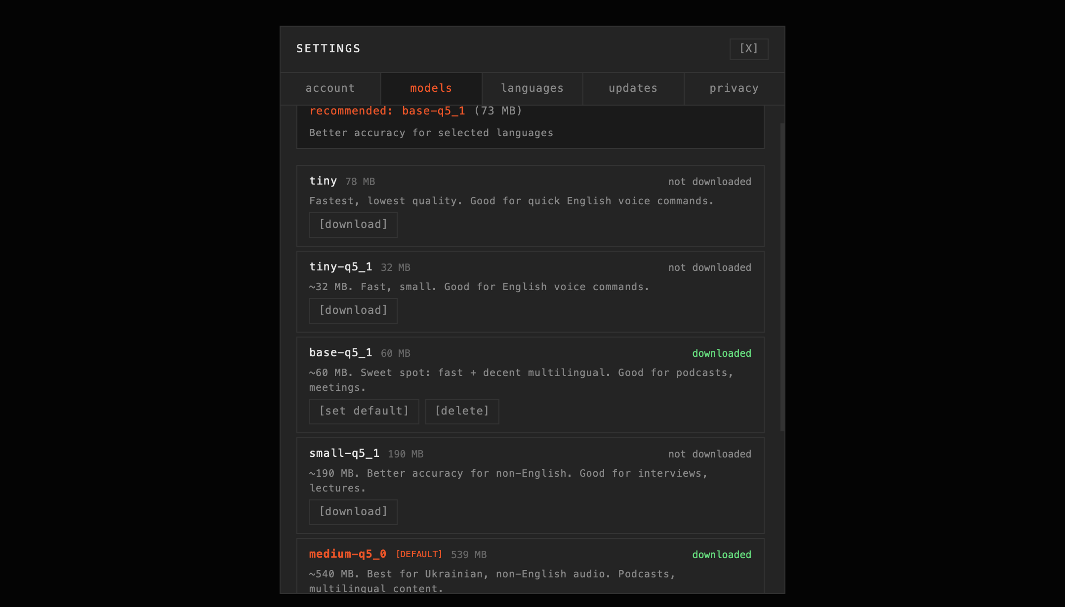 Choosing a default Whisper model on first launch in Tscribe