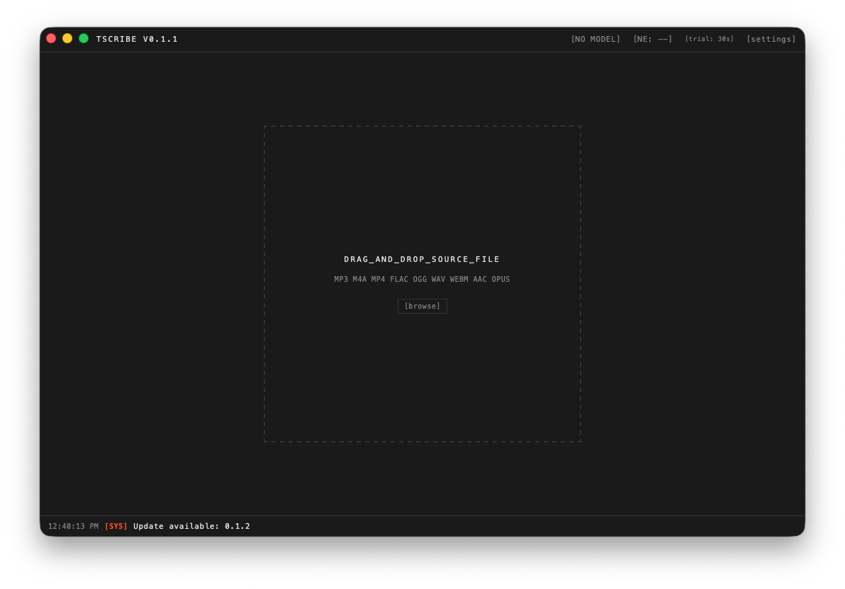 Tscribe app — standby state showing drag-and-drop interface for audio files on macOS