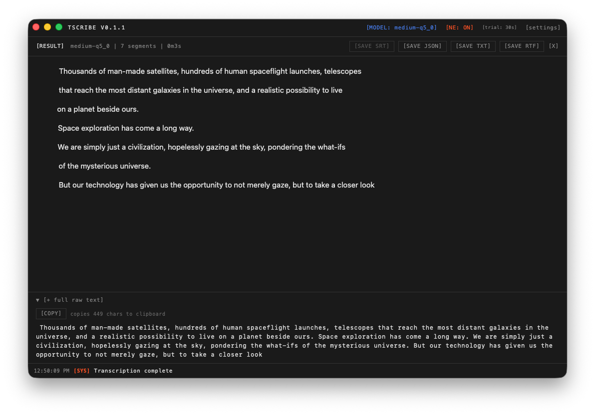 Tscribe app — result state showing the transcribed text and export options on macOS